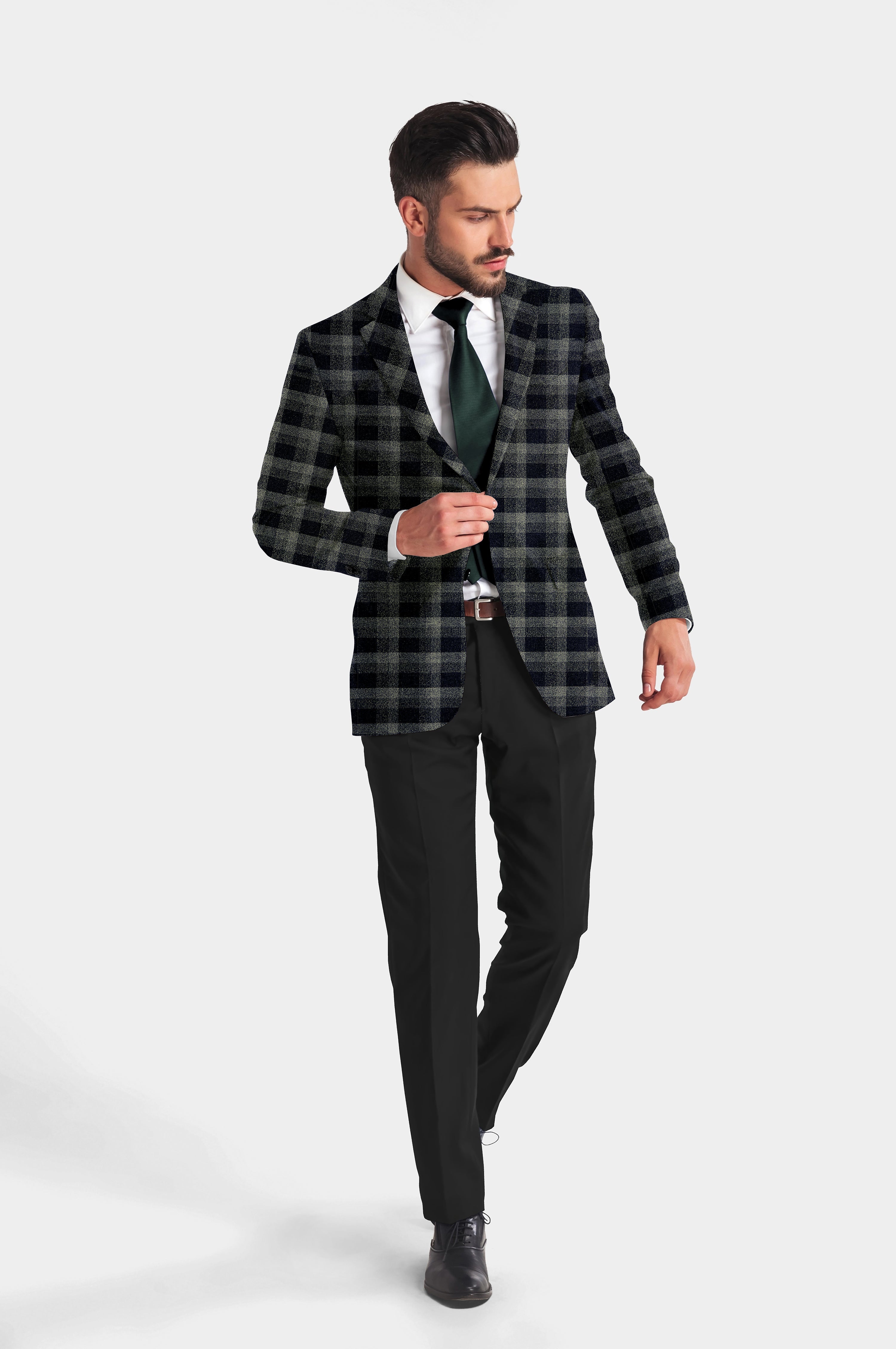 Dark Blue Grey Men's Party Checkered Suit Jacket Slim Fit Blazer