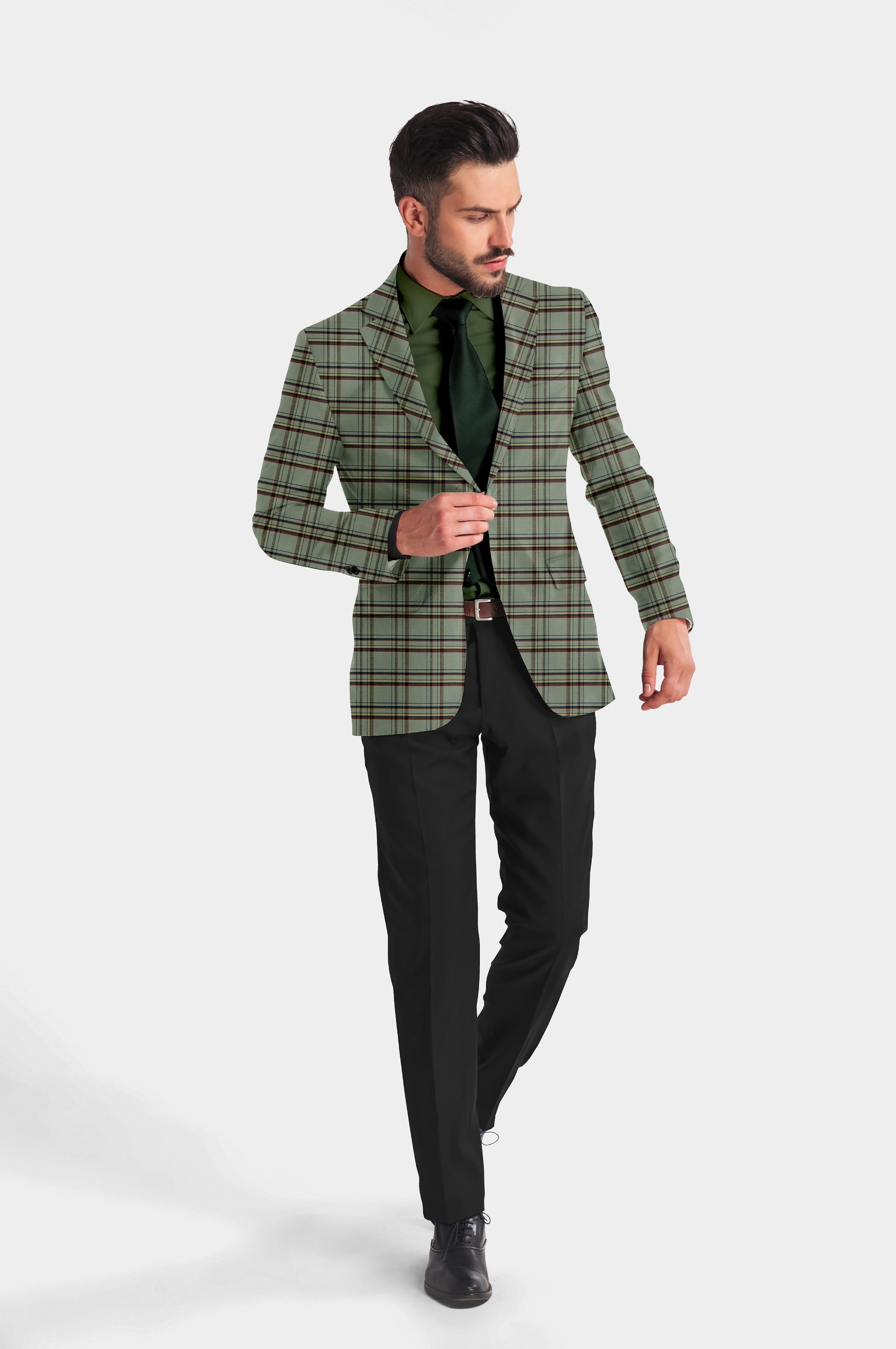 Greyish Green Men's Party Checkered Suit Jacket Slim Fit Blazer