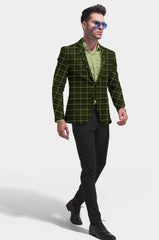 Dark Olive Men's Party Checkered Suit Jacket Slim Fit Blazer