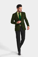 Dark Olive Men's Party Checkered Suit Jacket Slim Fit Blazer