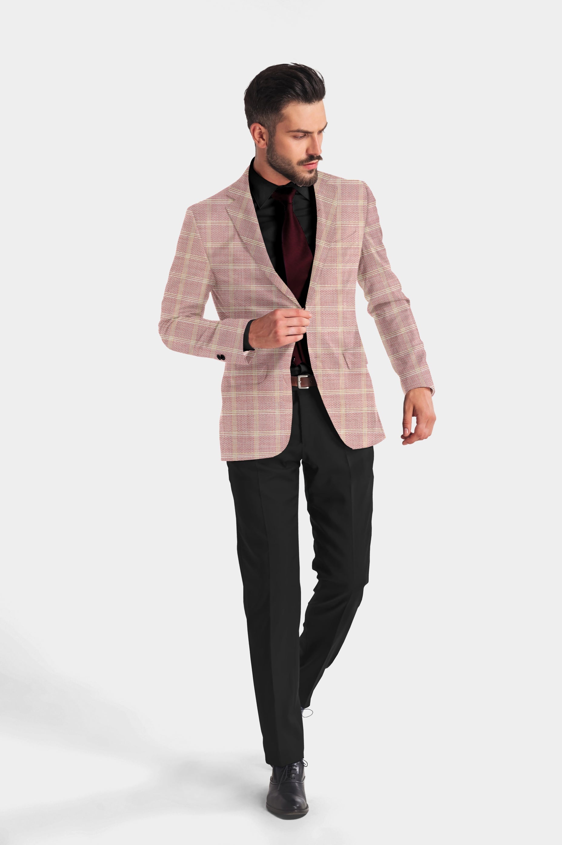 Faded Pink Men's Party Checkered Suit Jacket Slim Fit Blazer