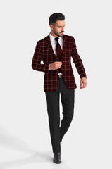 Maroon Oak Men's Party Checkered Suit Jacket Slim Fit Blazer