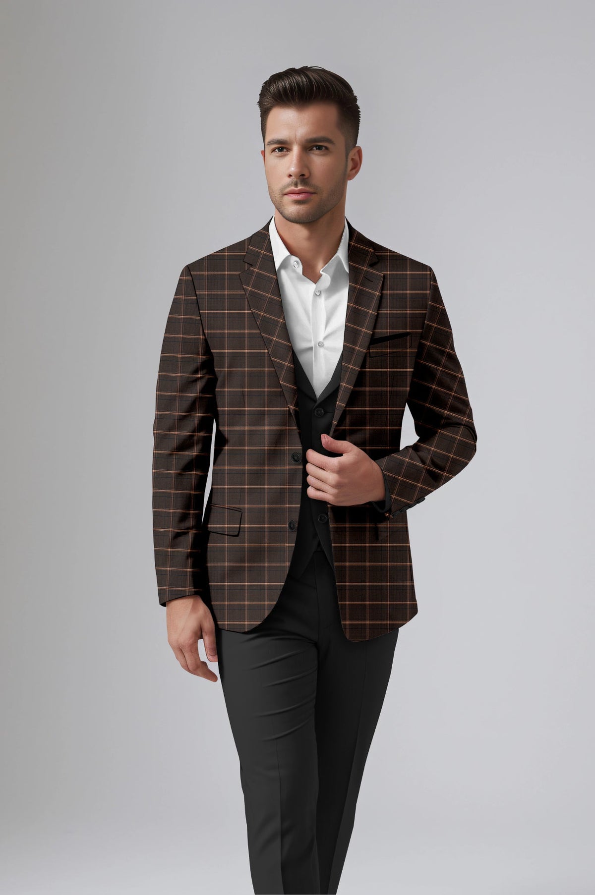 Woody Brown Men's Party Checkered Suit Jacket Slim Fit Blazer