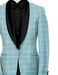 Dark Pastel Blue Men's Party Checks Suit Jacket Slim Fit Blazer