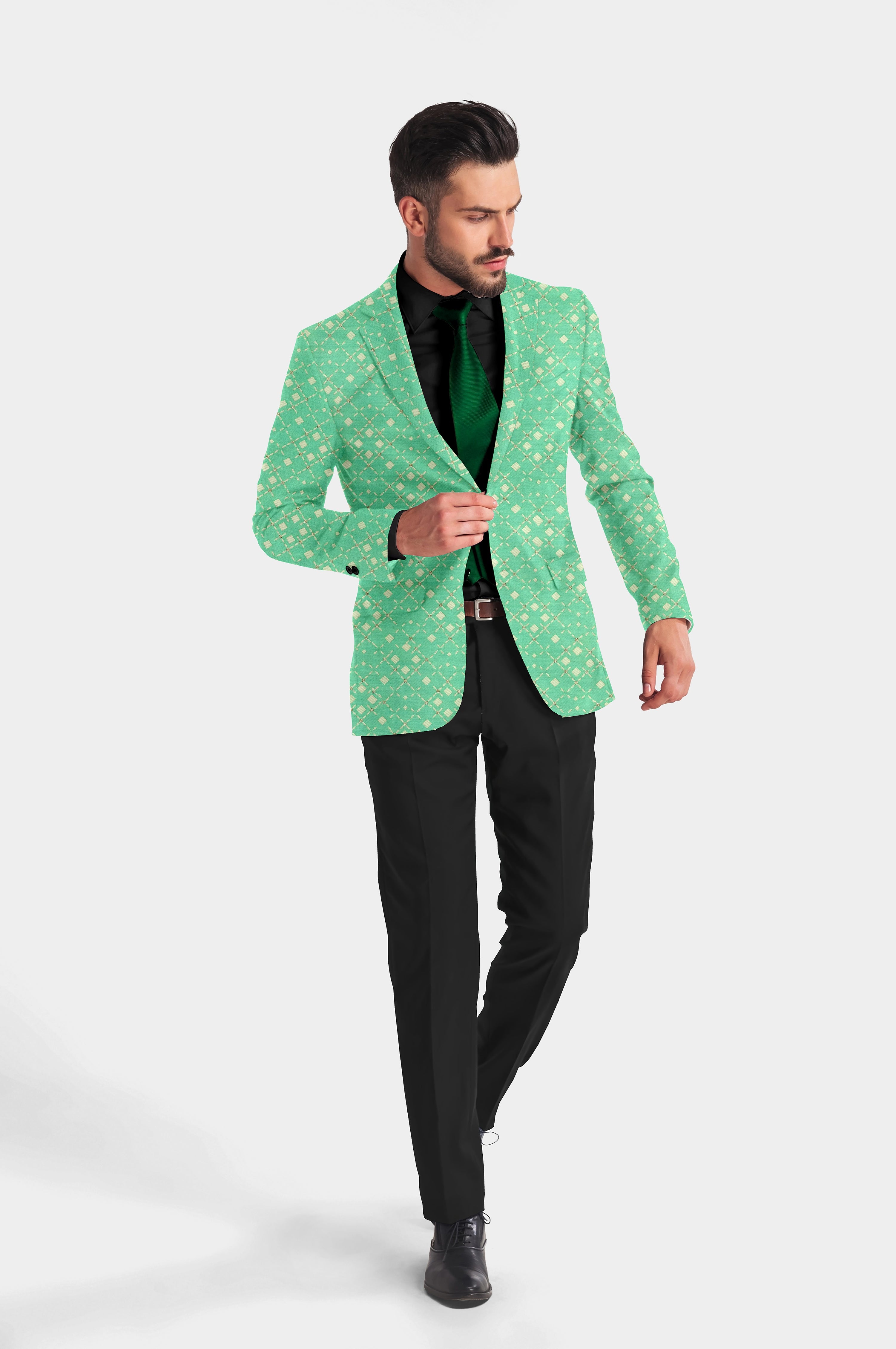 Light Teal Men's Party Jacquard Suit Jacket Slim Fit Blazer