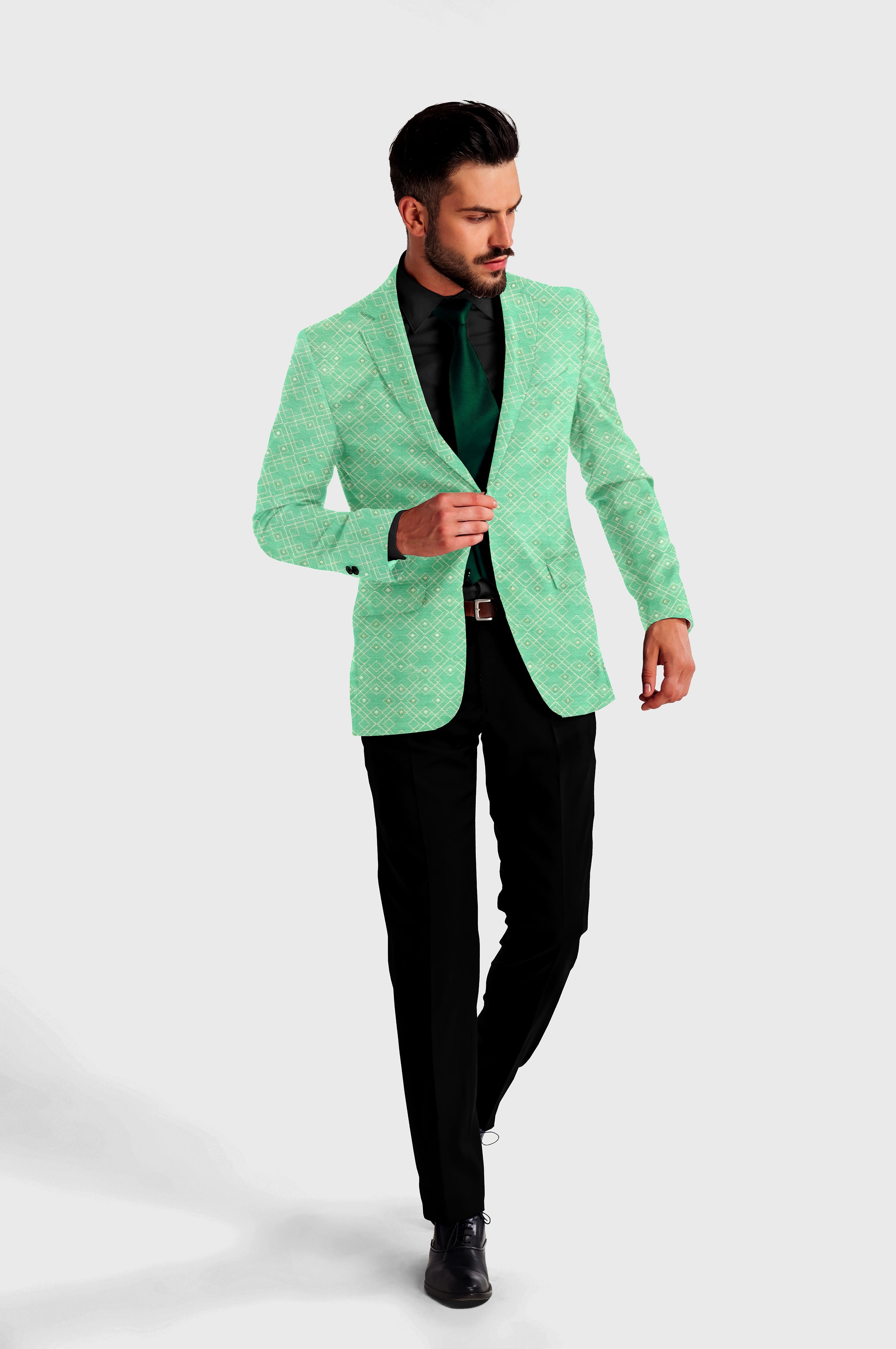 Light Teal Men's Party Jacquard Suit Jacket Slim Fit Blazer