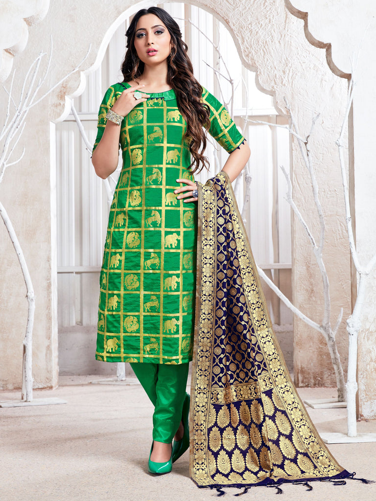 Designer Suit Green Color Banarasi Art Silk Woven Dress For Ceremonial