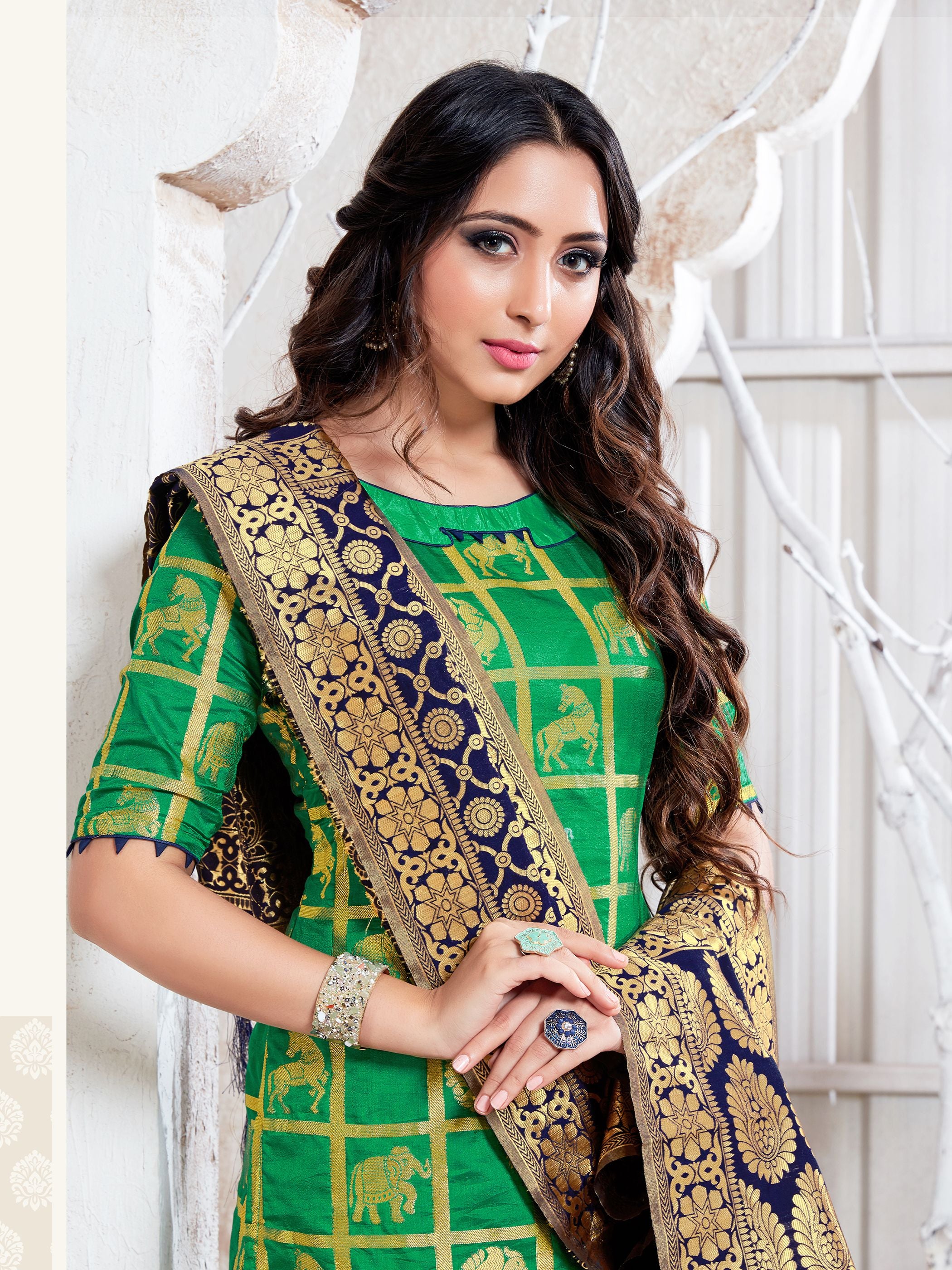 Designer Suit Green Color Banarasi Art Silk Woven Dress For Ceremonial