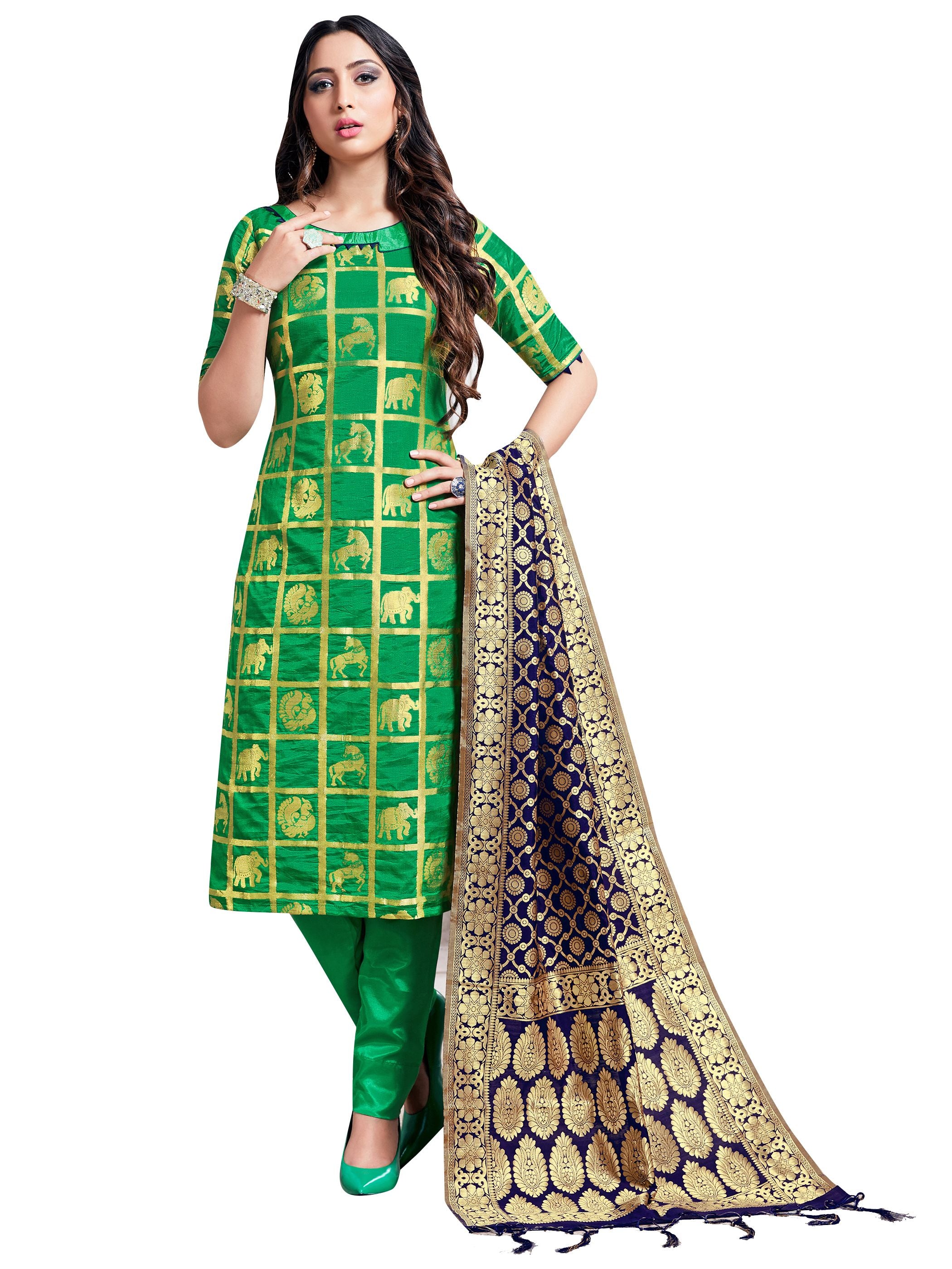 Designer Suit Green Color Banarasi Art Silk Woven Dress For Ceremonial