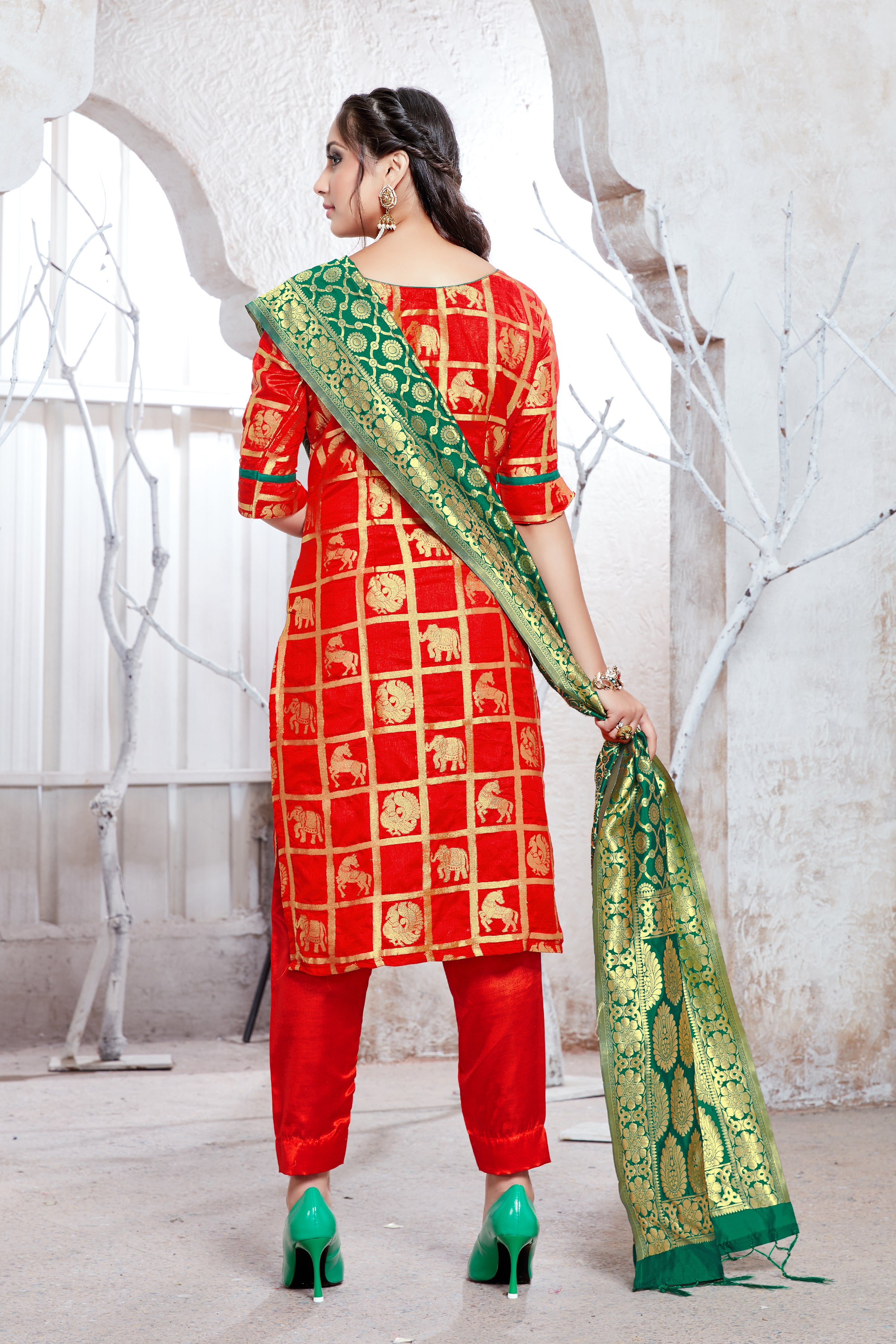 Straight Suit Red Color Banarasi Art Silk Woven Dress For Ceremonial