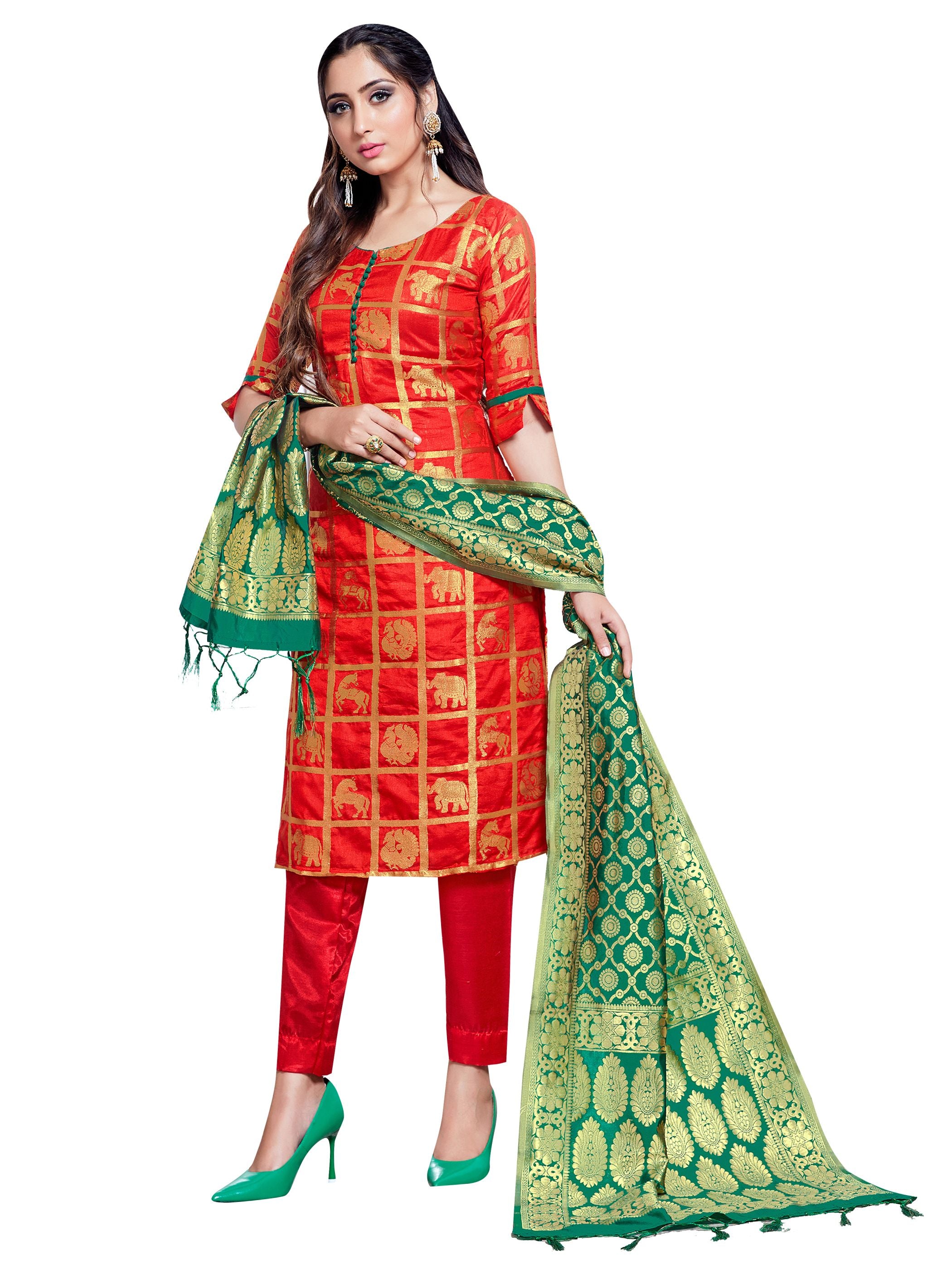 Straight Suit Red Color Banarasi Art Silk Woven Dress For Ceremonial