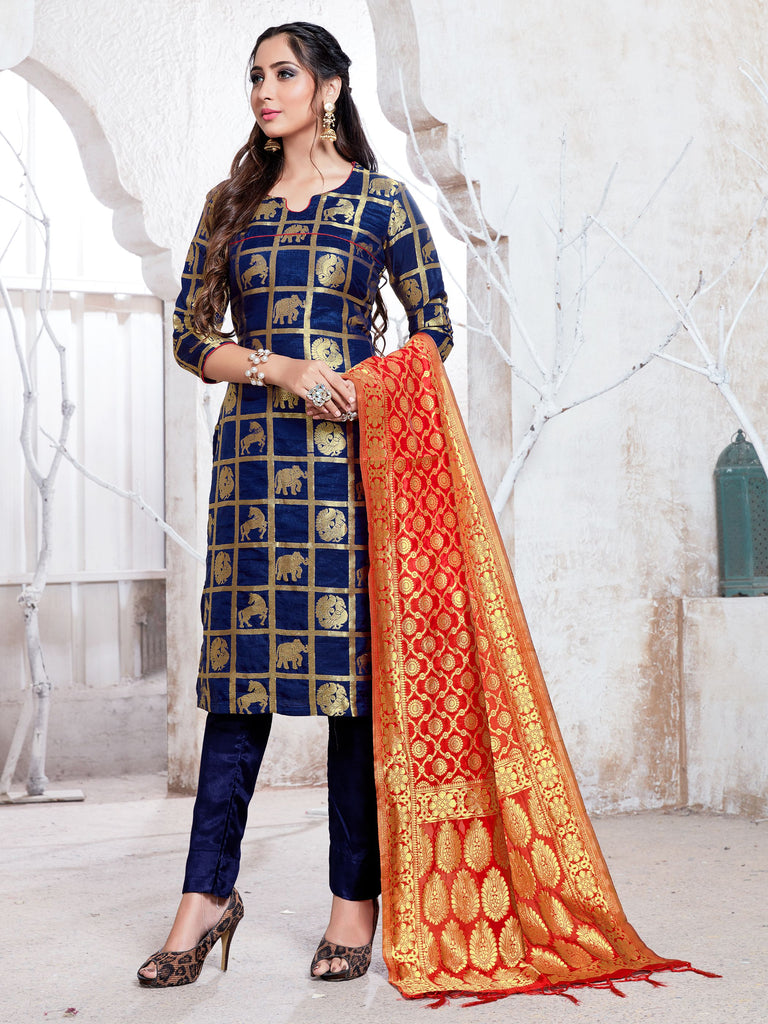 Straight Suit Navy Blue Color Banarasi Art Silk Woven Dress For Ceremonial