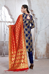 Straight Suit Navy Blue Color Banarasi Art Silk Woven Dress For Ceremonial