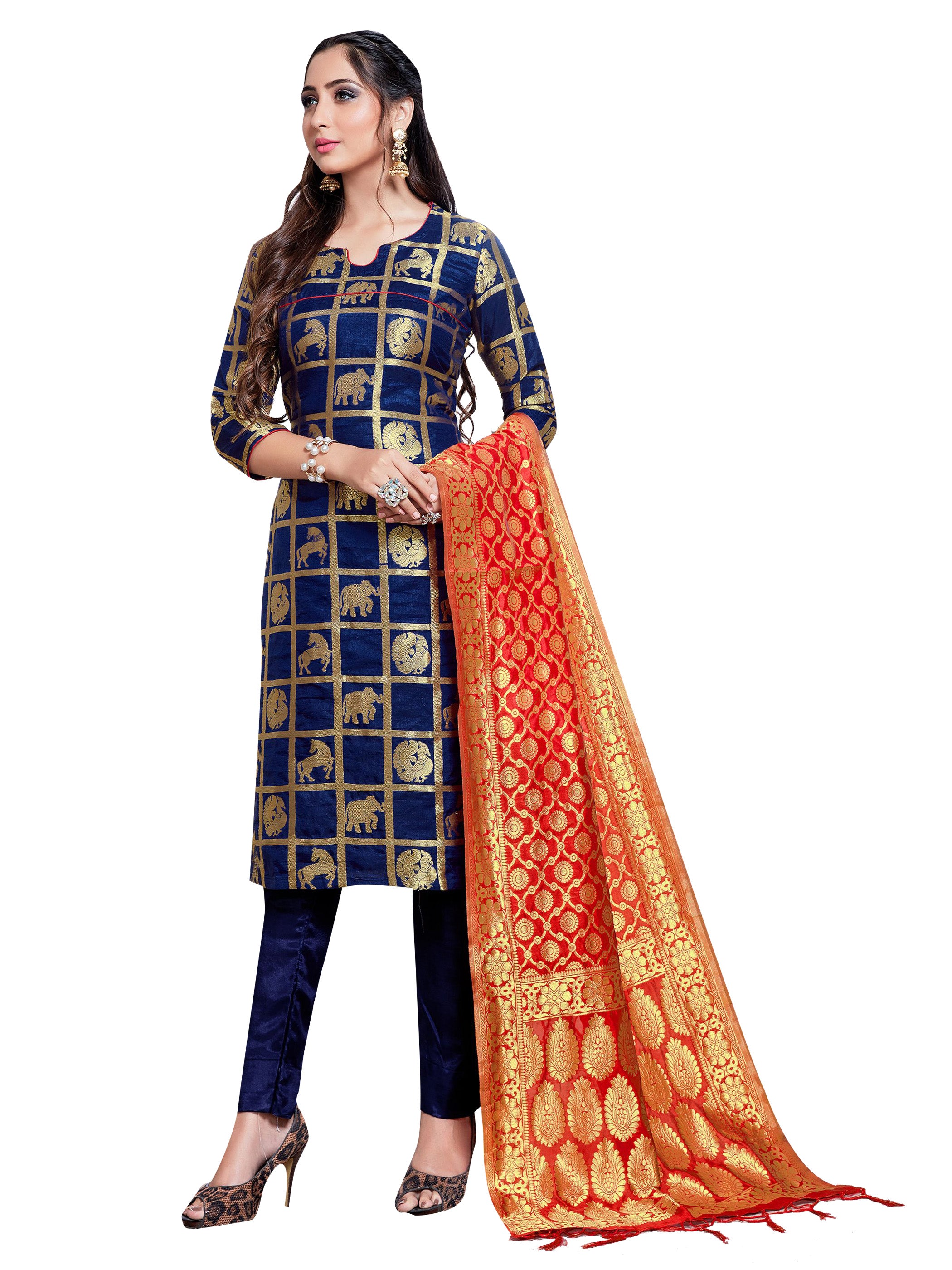 Straight Suit Navy Blue Color Banarasi Art Silk Woven Dress For Ceremonial