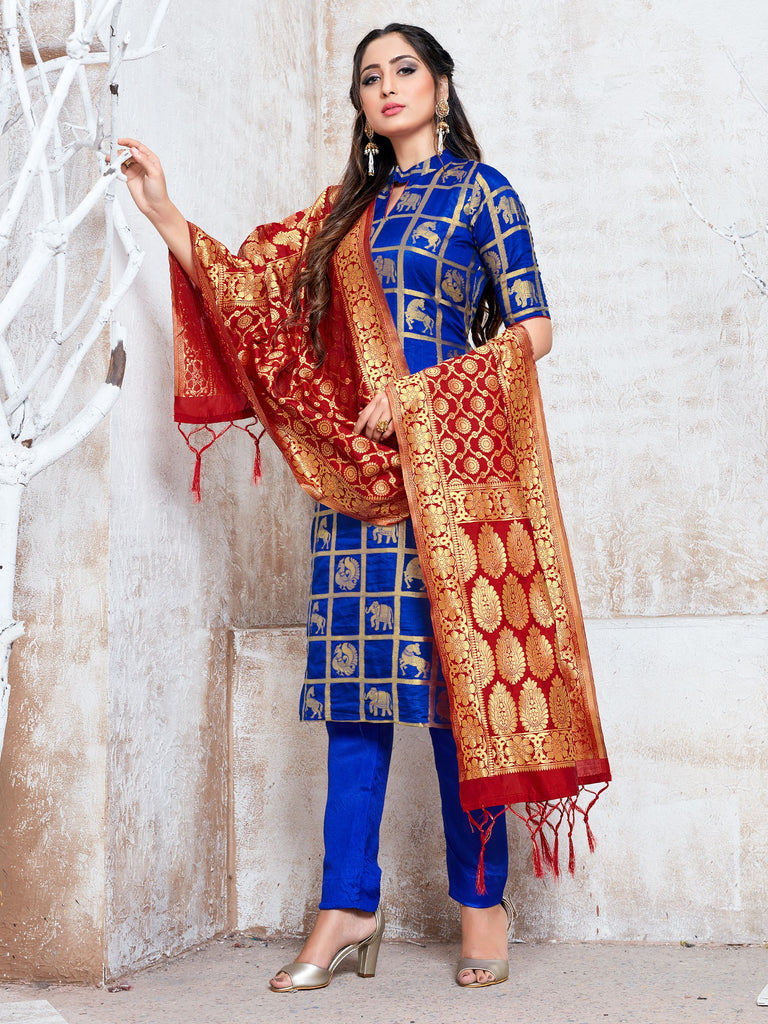 Straight Suit Blue Color Banarasi Art Silk Woven Dress For Ceremonial