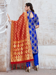 Straight Suit Blue Color Banarasi Art Silk Woven Dress For Ceremonial