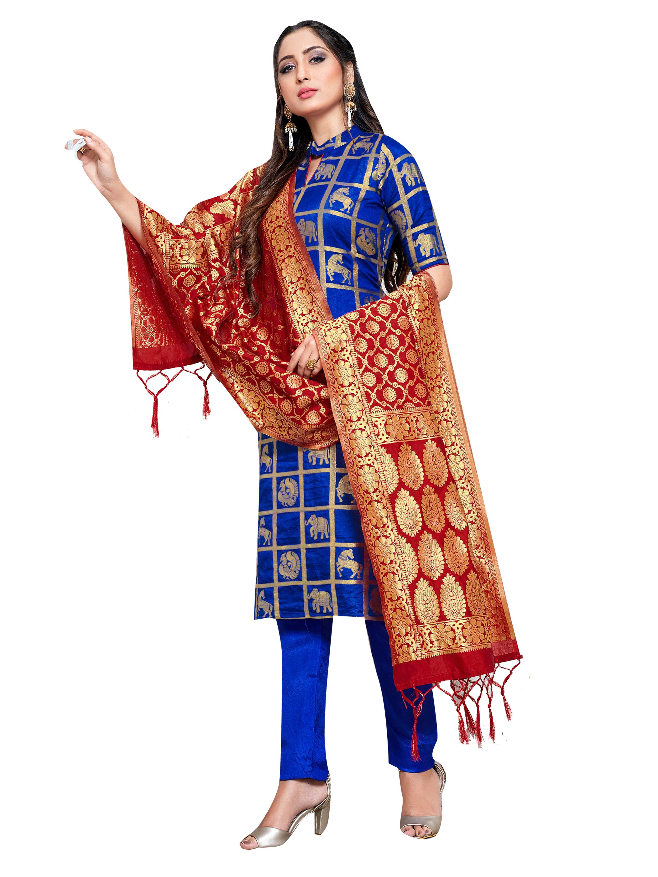 Straight Suit Blue Color Banarasi Art Silk Woven Dress For Ceremonial