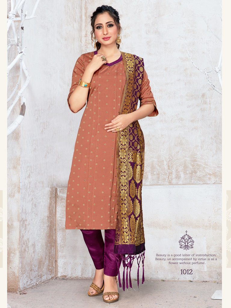 Straight Suit Rust Color Banarasi Art Silk Woven Dress For Ceremonial