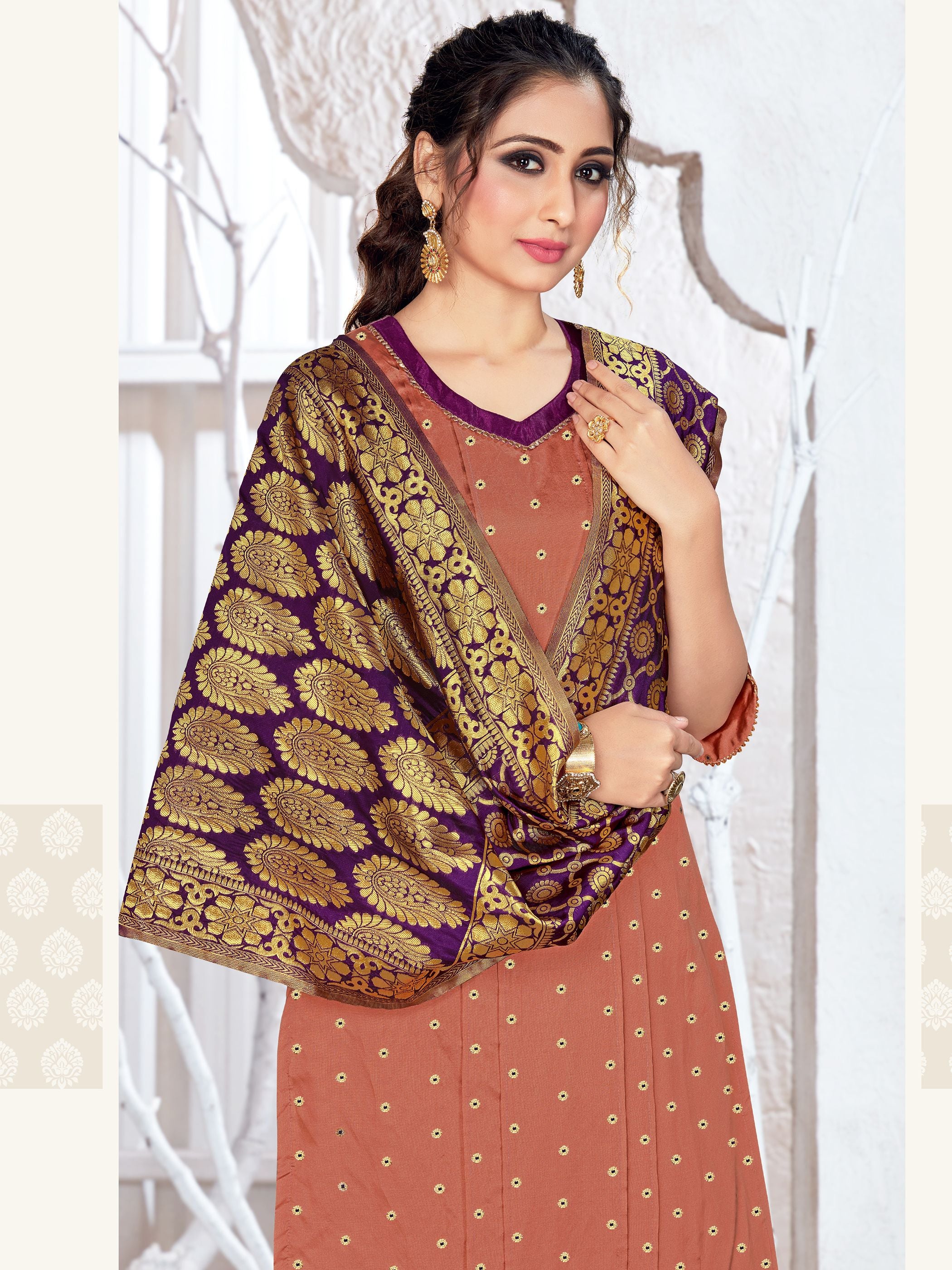 Straight Suit Rust Color Banarasi Art Silk Woven Dress For Ceremonial