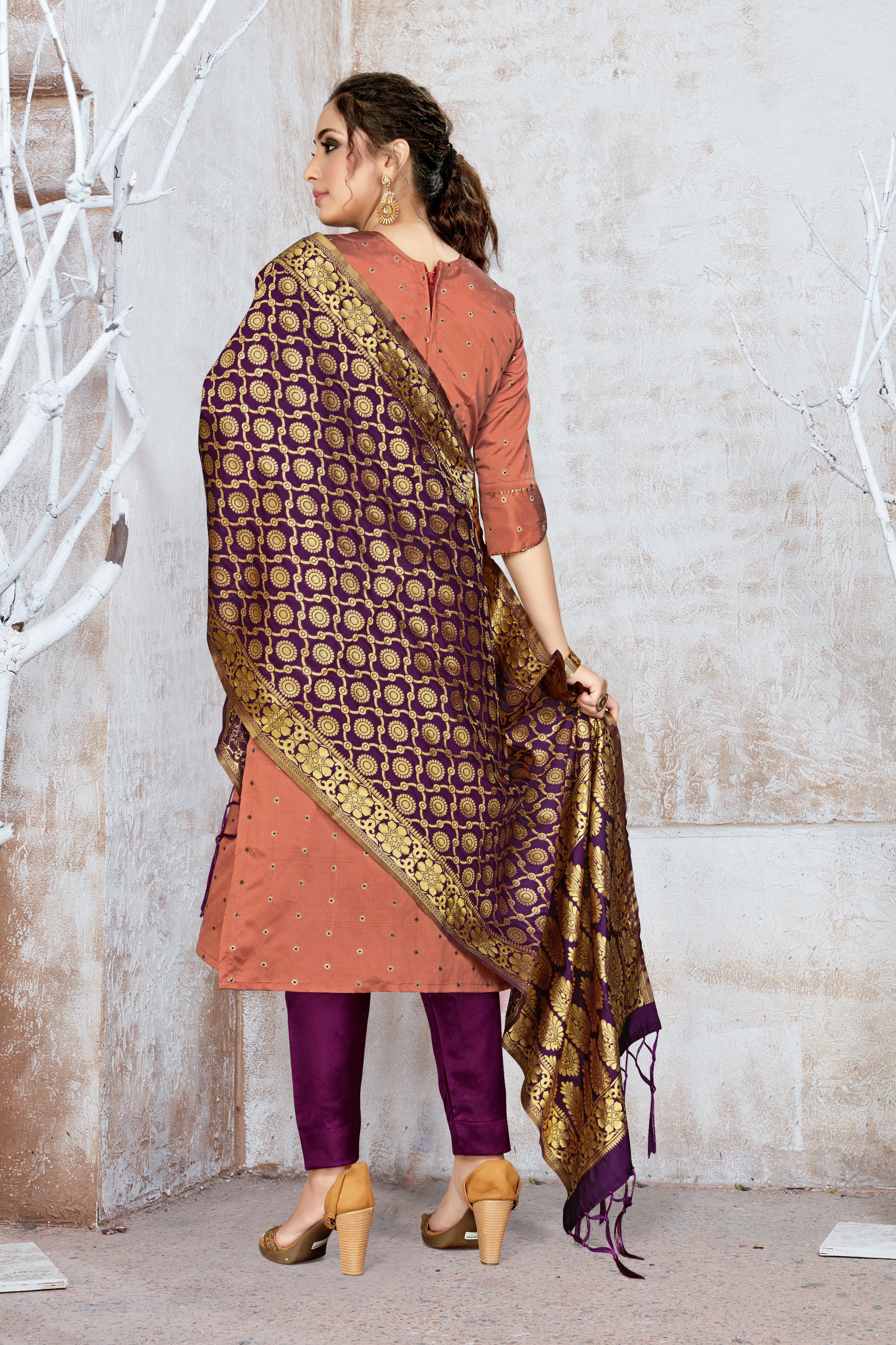 Straight Suit Rust Color Banarasi Art Silk Woven Dress For Ceremonial