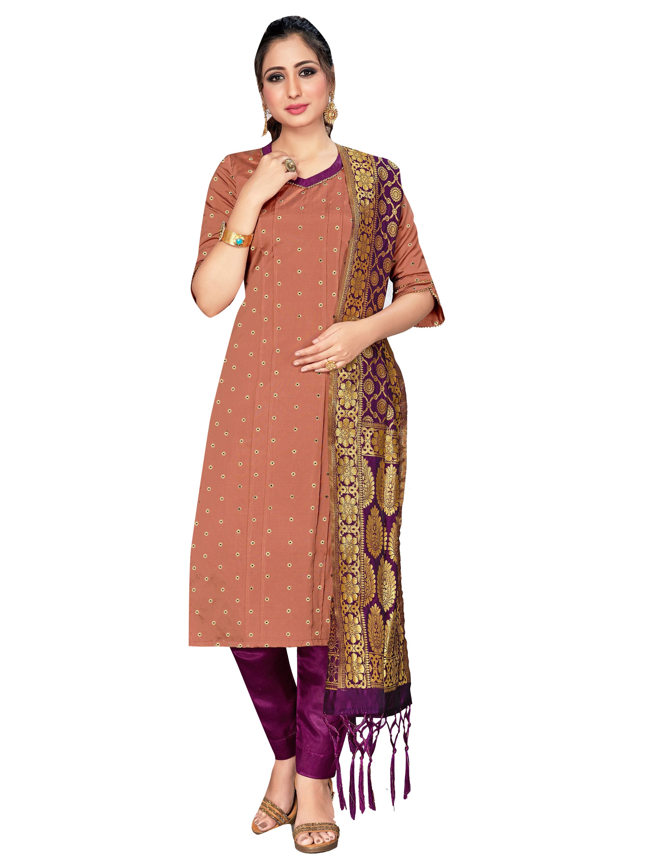 Straight Suit Rust Color Banarasi Art Silk Woven Dress For Ceremonial