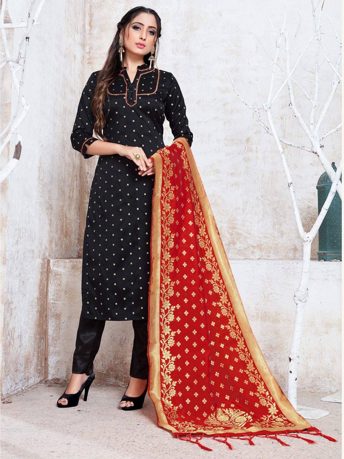 Straight Suit Black Color Banarasi Art Silk Woven Dress For Ceremonial