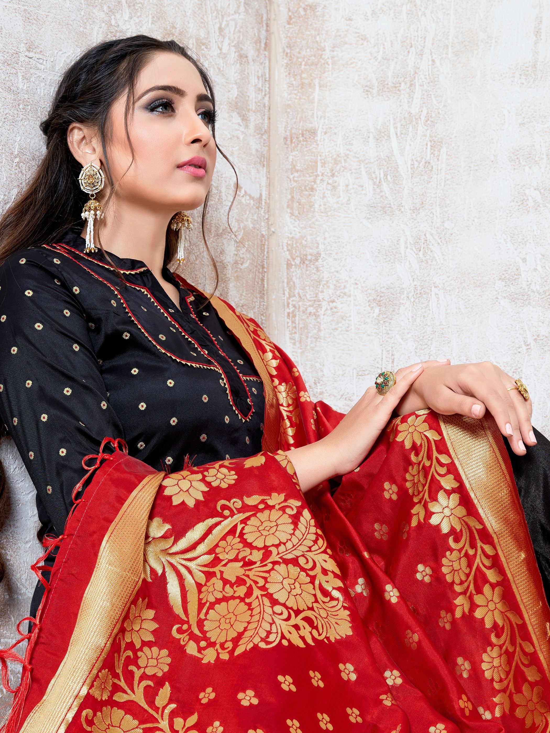 Straight Suit Black Color Banarasi Art Silk Woven Dress For Ceremonial