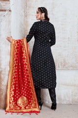 Straight Suit Black Color Banarasi Art Silk Woven Dress For Ceremonial