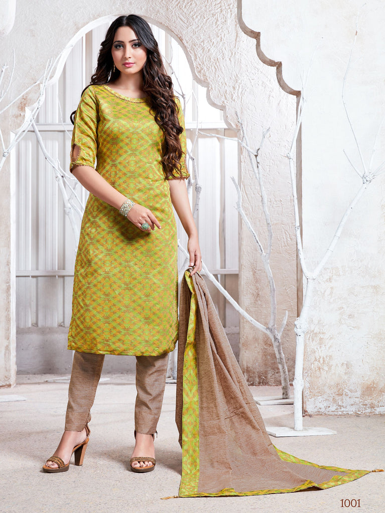 Straight Suit Olive Green Color Cotton Silk Woven Dress For Ceremonial