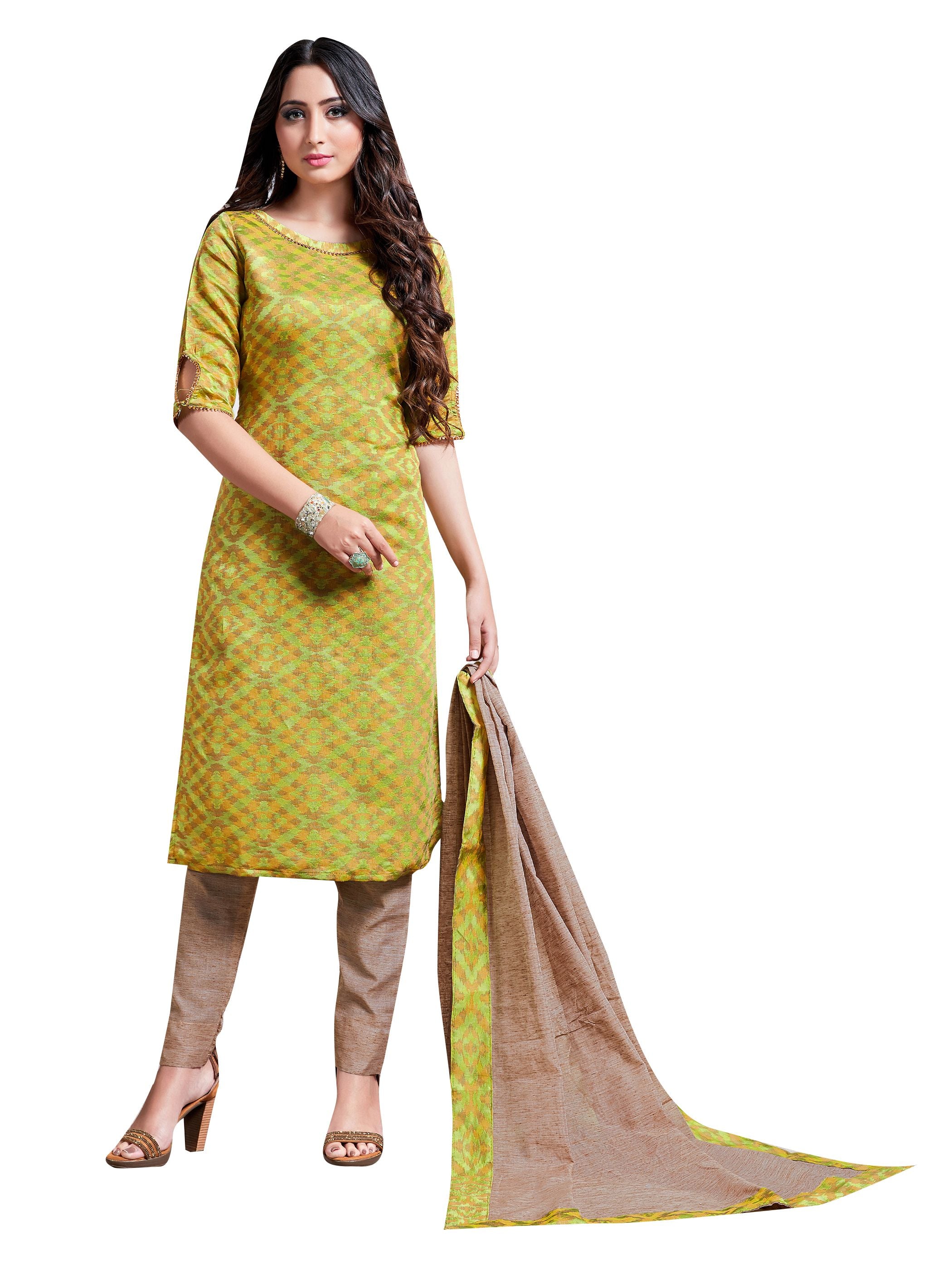 Straight Suit Olive Green Color Cotton Silk Woven Dress For Ceremonial