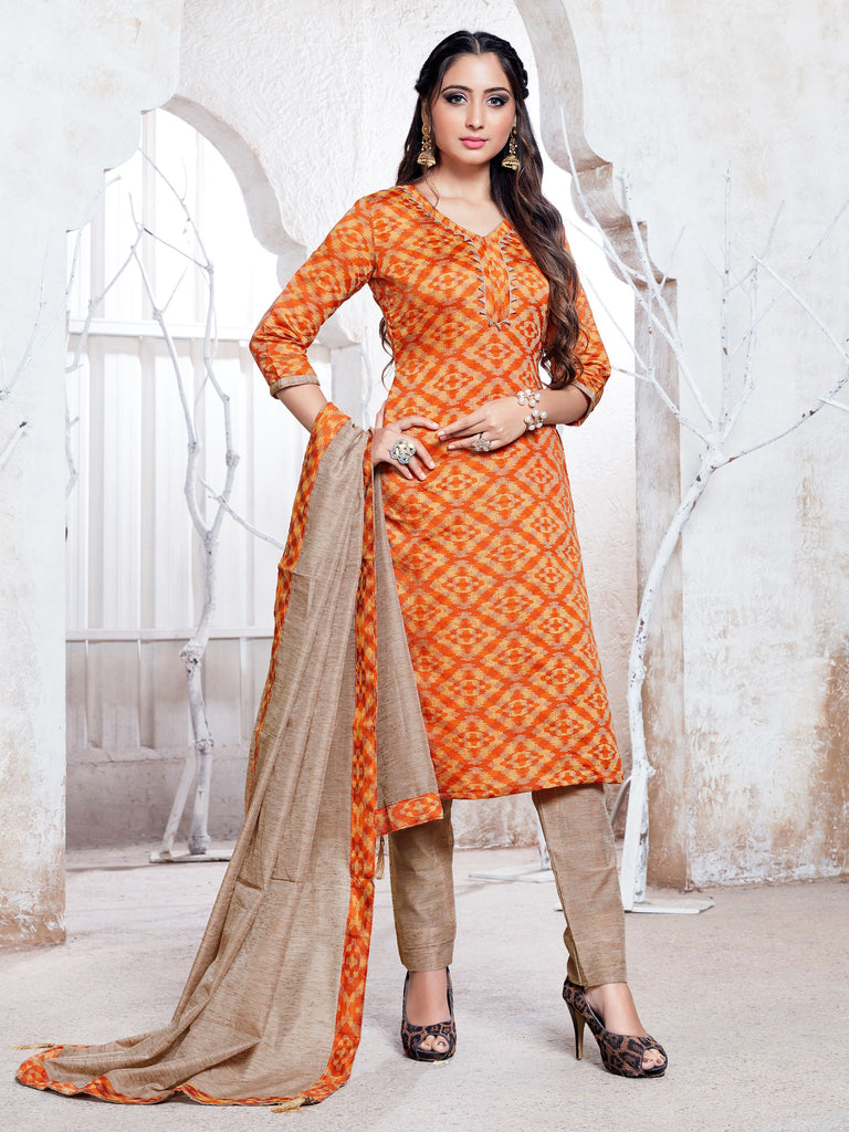 Straight Suit Orange Color Cotton Silk Woven Dress For Ceremonial