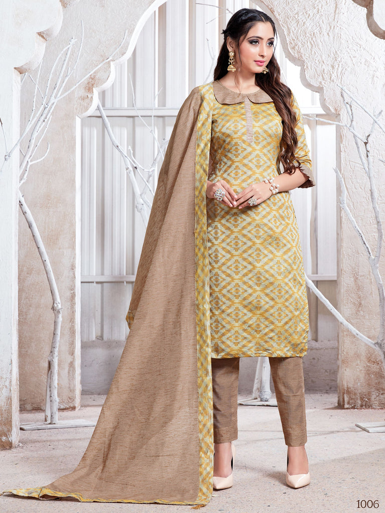 Straight Suit Yellow Color Cotton Silk Woven Dress For Ceremonial