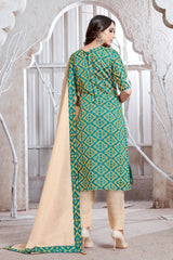 Straight Suit Teal Color Cotton Silk Woven Dress For Ceremonial