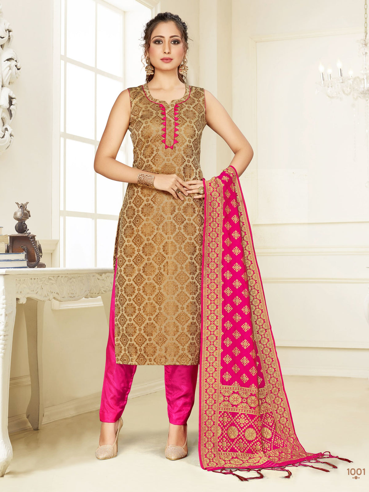 Straight Suit Gold Color Cotton Silk Woven Dress For Ceremonial