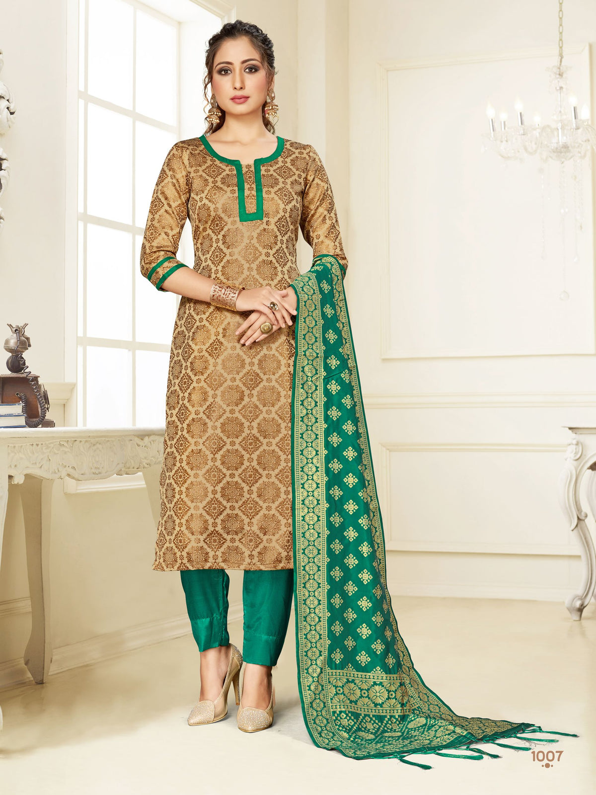 Straight Suit Gold Color Cotton Silk Woven Dress For Ceremonial