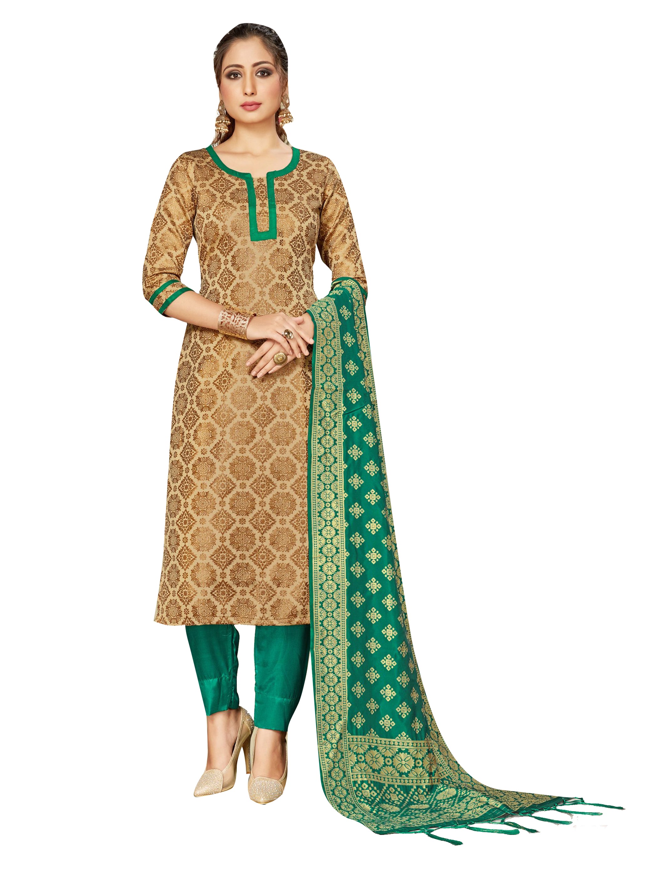 Straight Suit Gold Color Cotton Silk Woven Dress For Ceremonial