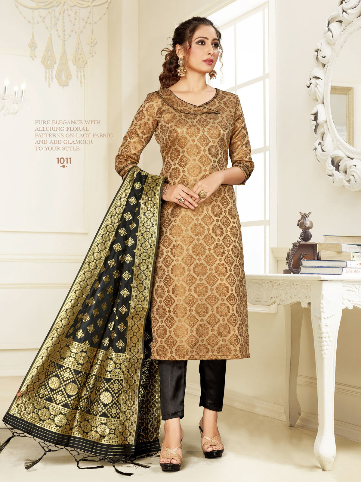 Straight Suit Gold Color Cotton Silk Woven Dress For Ceremonial