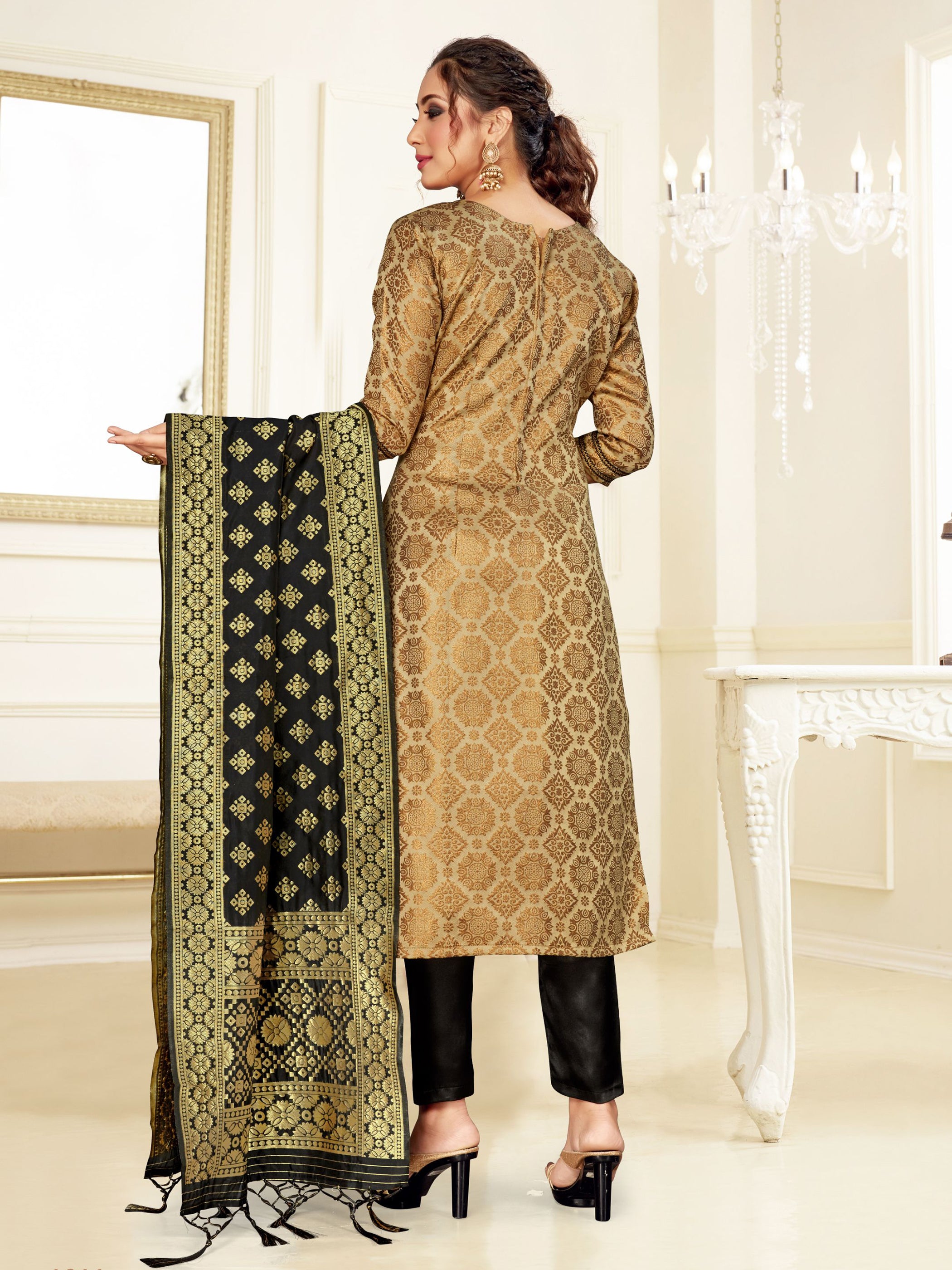 Straight Suit Gold Color Cotton Silk Woven Dress For Ceremonial