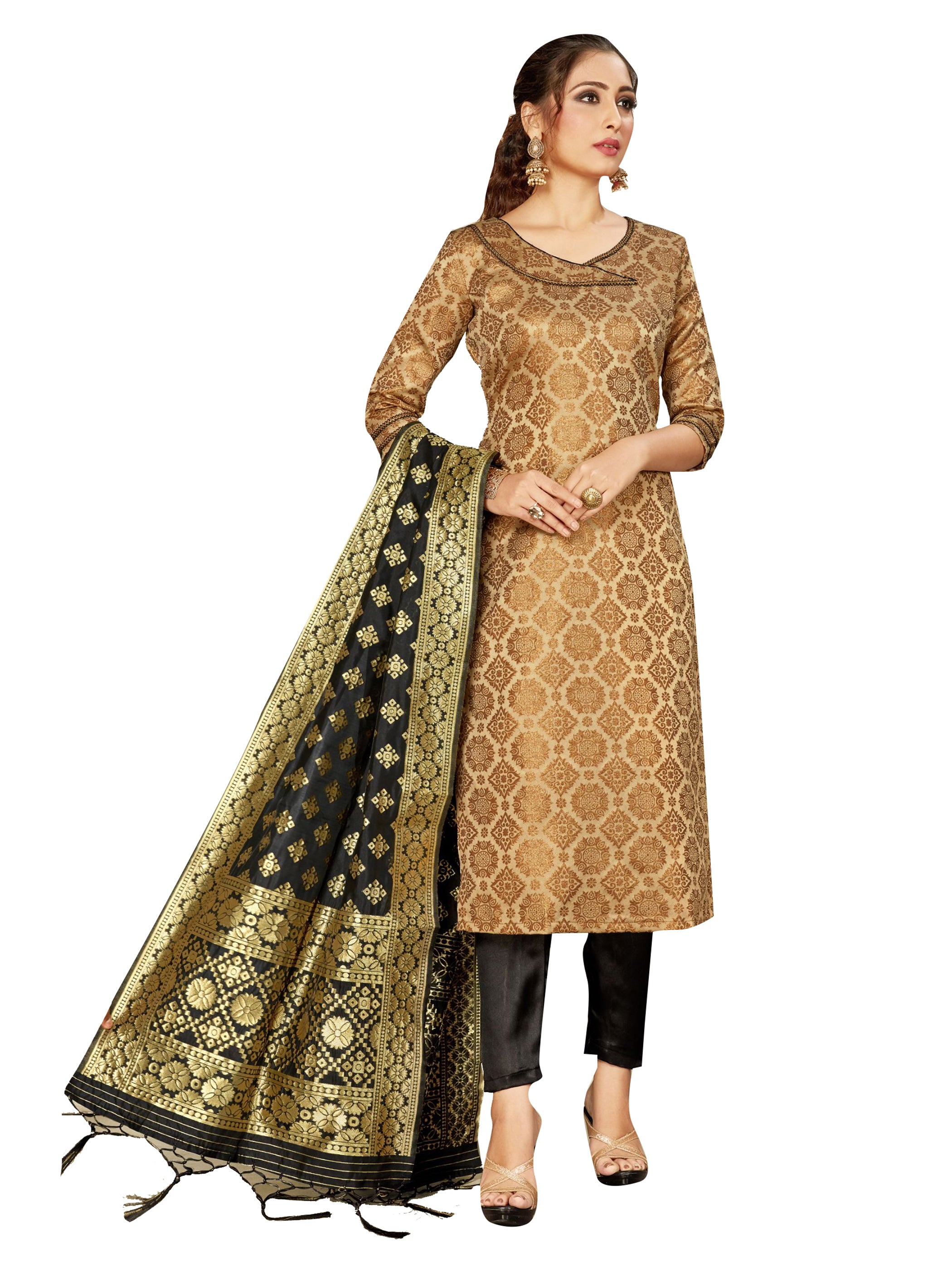 Straight Suit Gold Color Cotton Silk Woven Dress For Ceremonial