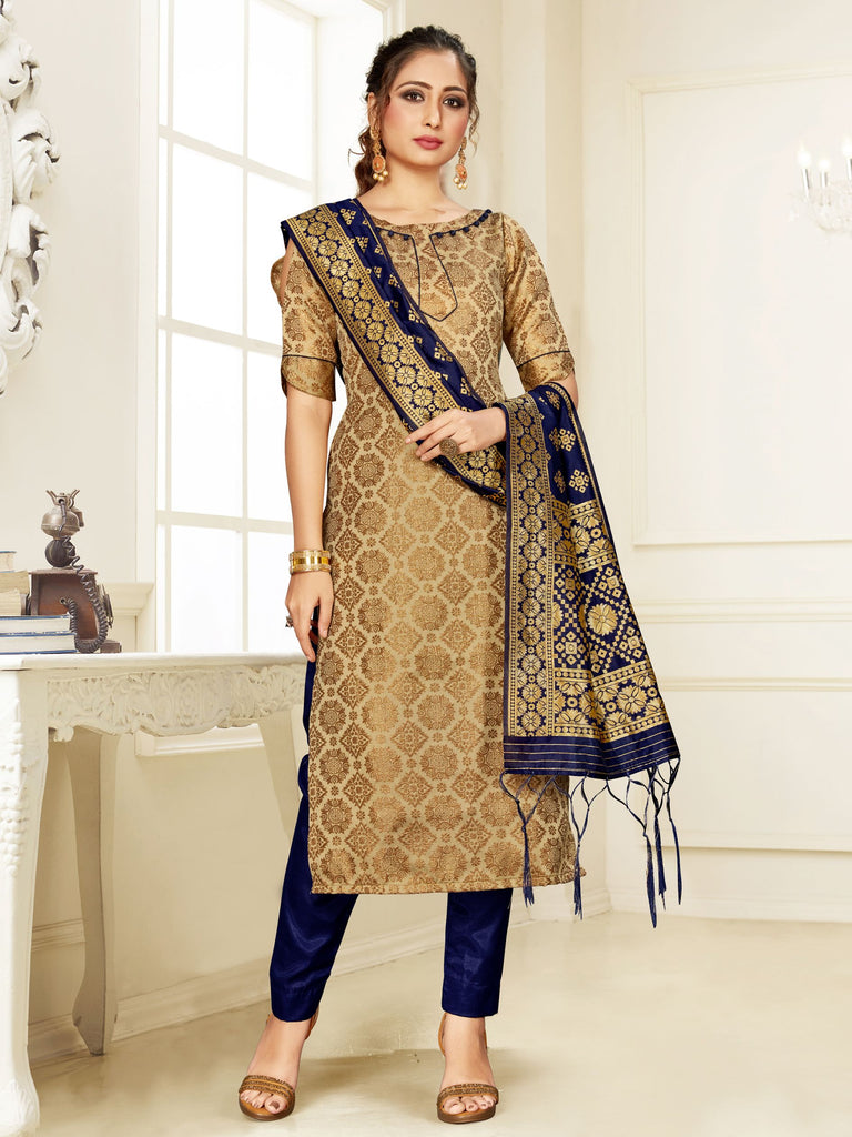 Straight Suit Gold Color Cotton Silk Woven Dress For Ceremonial