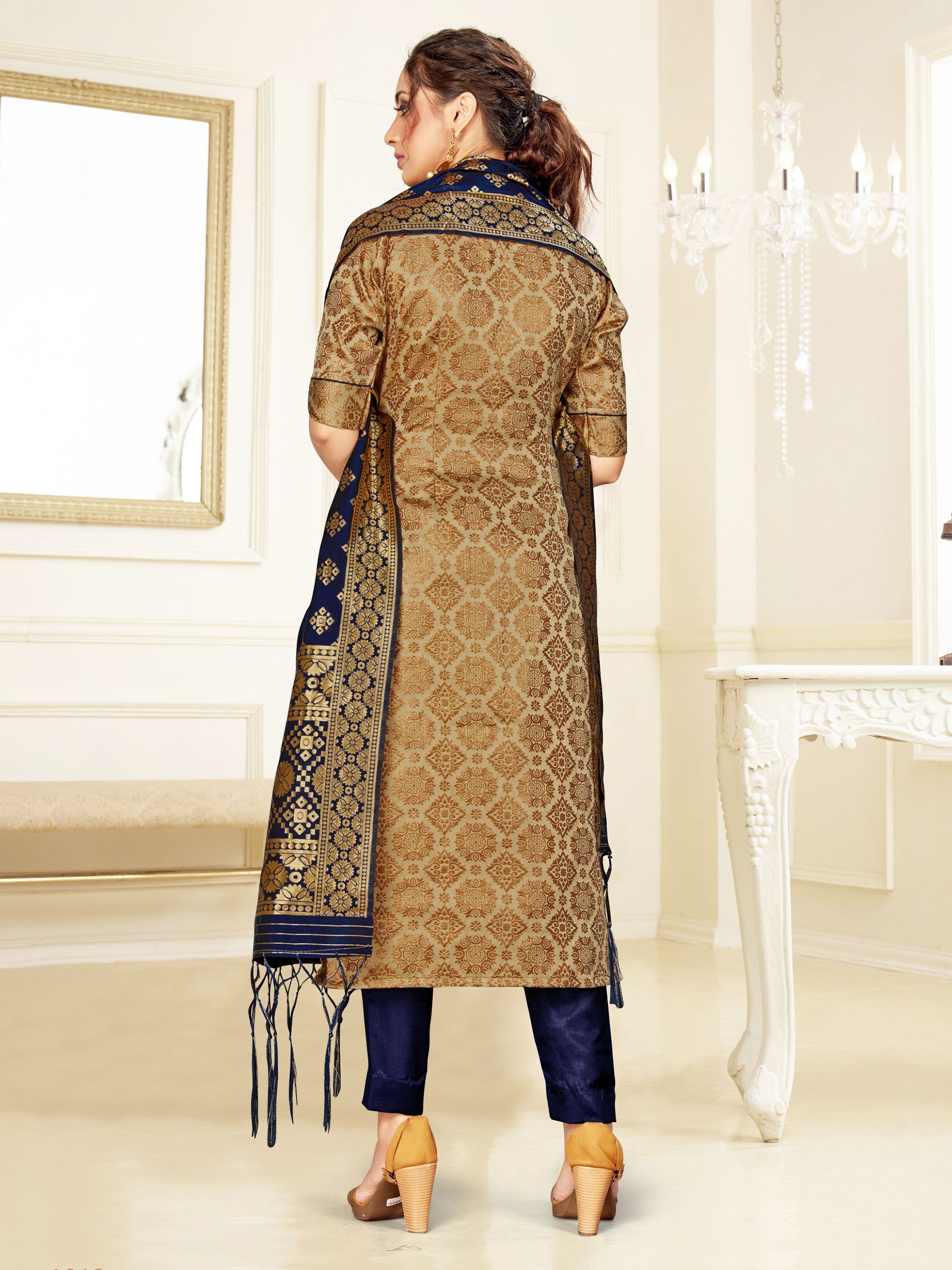 Straight Suit Gold Color Cotton Silk Woven Dress For Ceremonial