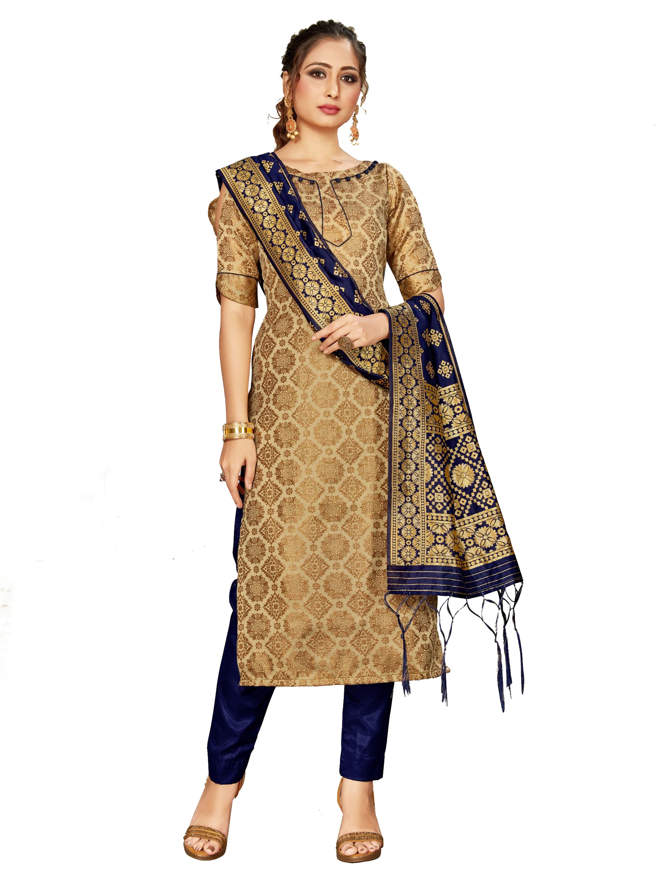 Straight Suit Gold Color Cotton Silk Woven Dress For Ceremonial