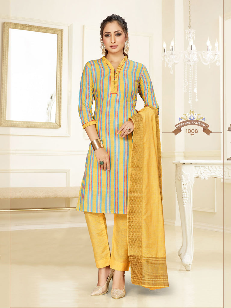 Straight Suit Yellow Color Cotton Woven Dress For Ceremonial