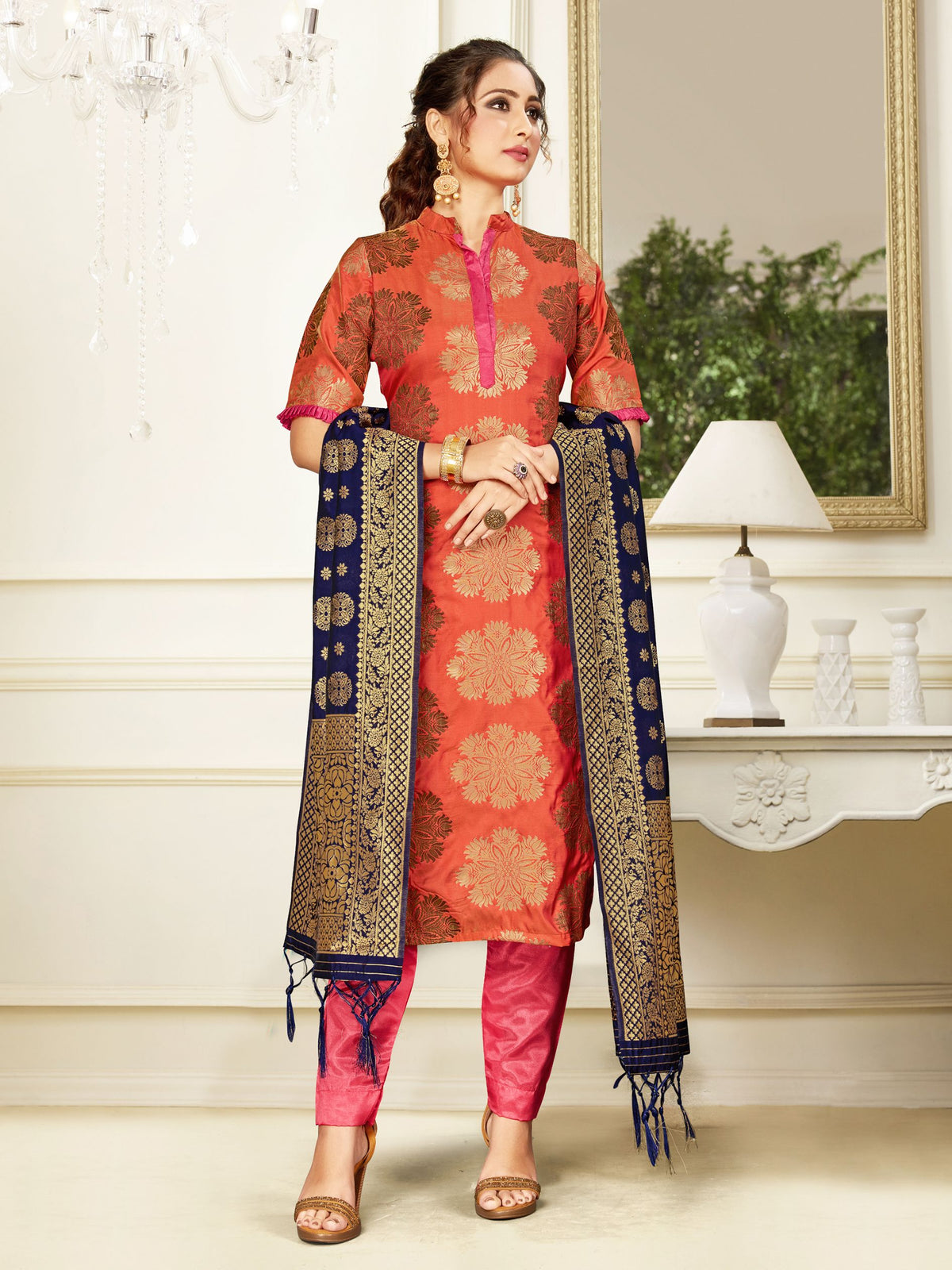 Trendy Suit Peach Color Banarasi Art Silk Woven Dress For Engagement