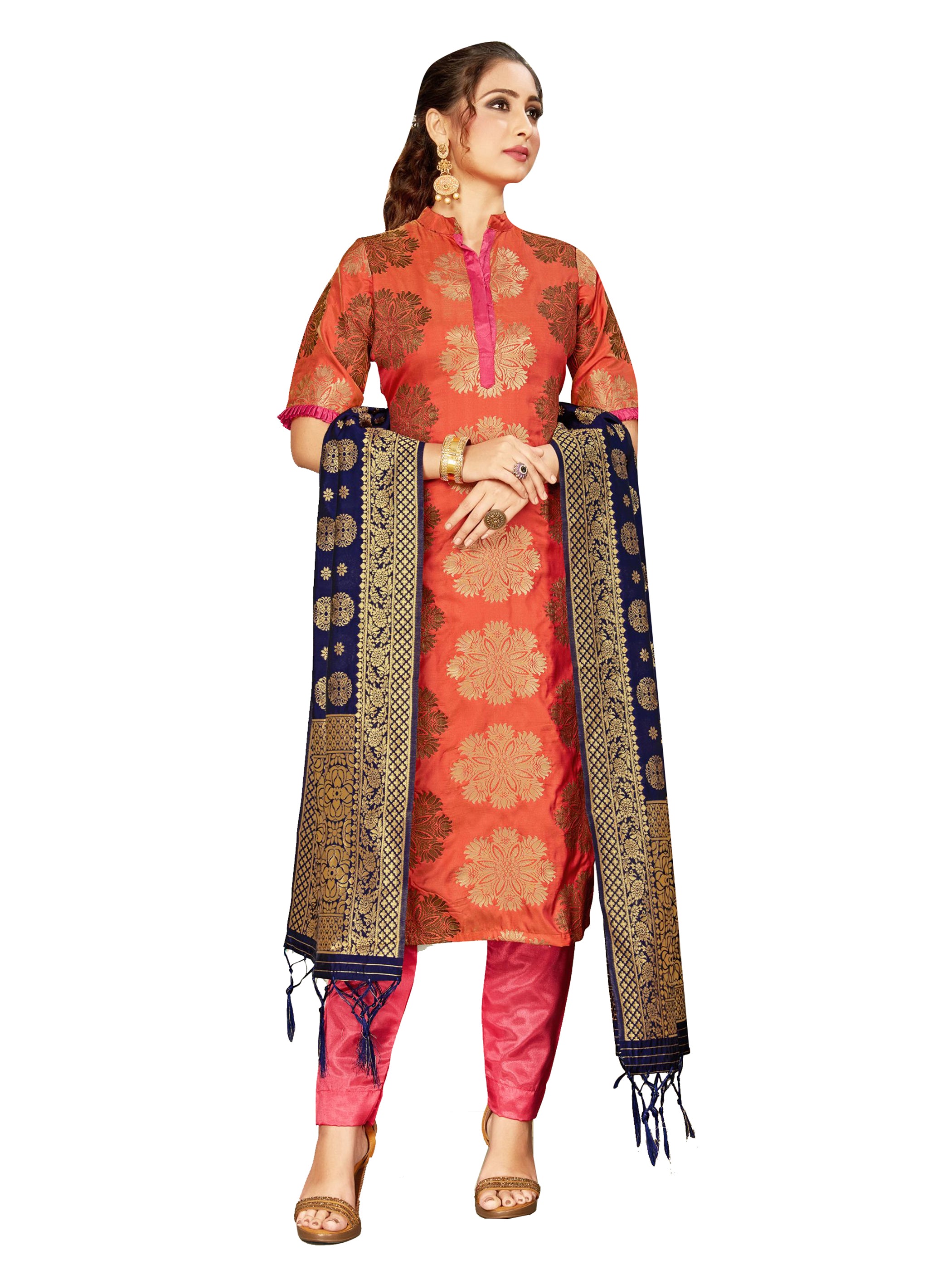 Trendy Suit Peach Color Banarasi Art Silk Woven Dress For Engagement