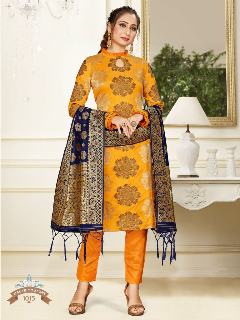 Trendy Suit Yellow Color Banarasi Art Silk Woven Dress For Engagement