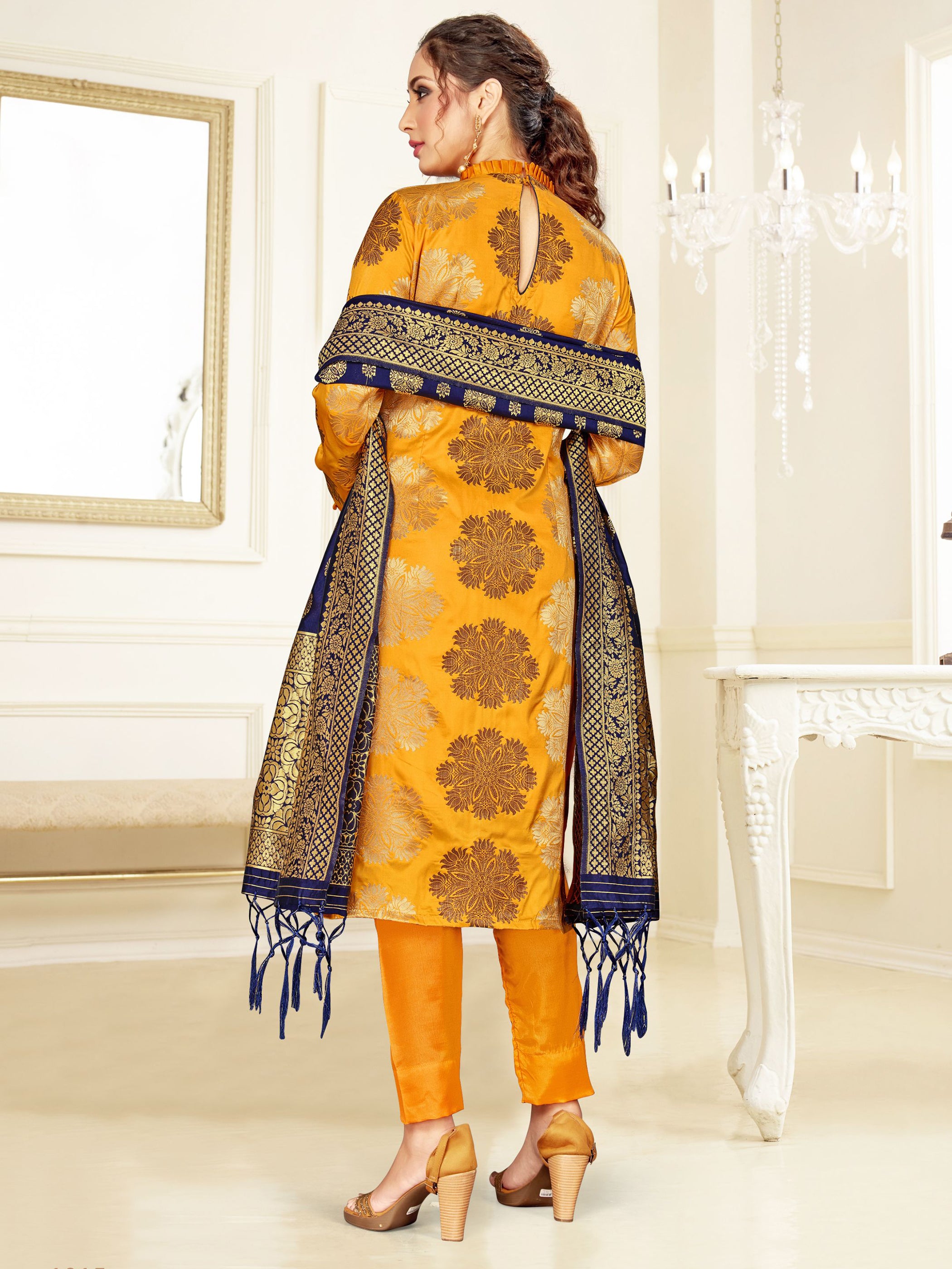 Trendy Suit Yellow Color Banarasi Art Silk Woven Dress For Engagement