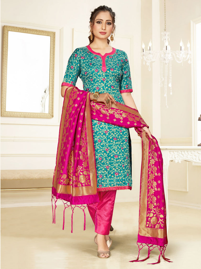 Trendy Suit Turquoise Color Banarasi Art Silk Woven Dress For Engagement