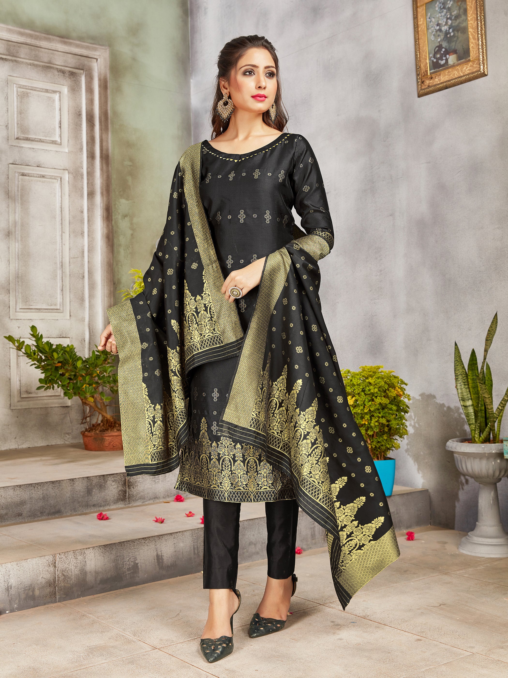 Trendy Suit Black Color Banarasi Art Silk Woven Dress For Engagement