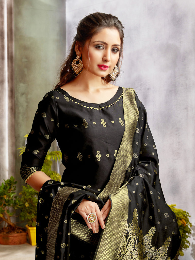 Trendy Suit Black Color Banarasi Art Silk Woven Dress For Engagement